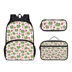 Dolyues Lunchtasche mit Schultasche und Federmäppchen, niedlicher Rucksack für Kinder, Schulanfang, Frosch Erdbeere, Kinderrucksack von Dolyues