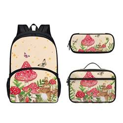 Dolyues Lunchtasche mit Schultasche und Federmäppchen, niedlicher Rucksack für Kinder, Schulanfang, Pilz Schmetterling Kaninchen, Kinderrucksack von Dolyues