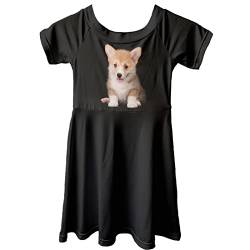 Dolyues Mädchen Mode Kleid Casual Sommer Kurzarm Kleider Kinderkleidung mit süßem Hund Corgi (Schwarz) Aufdruck Alter 3–14 Jahre von Dolyues