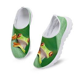 Dolyues Süßer 3D Tier Frosch Druck für Damen, lässige Slip On Sneaker, leichte, atmungsaktive Gymnastik Walking Schuhe (Grün) von Dolyues