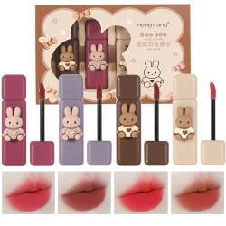 Domality 4 Teiliges Bunny Rabbit Paket Lipgloss Set, 4 Farben Matte Velvet Mousse Liquid Lipstick, Lang Anhaltendes Wasserdichtes Lippen-Make-up-Kit mit Geschenkpaket von Domality
