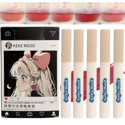 Domality 5Pcs Velvet Lip Tint Set mit Japanischem Manga Package, 5 Farben Flüssig-Lippenstift mit Cremig-Matt-Finish, Lang Anhaltender Wasserfester Lippenstift Lip Mud für Wangen und Lippen von Domality