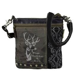 Domelo Damen Trachtentasche. Kleine Trachten Canvas Tasche mit Hirsch Motiv. Vintage Stil Oktoberfest Umhängetasche. Grau Schwarze Crossbody Bag von Domelo