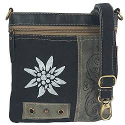 Domelo Damen Trachtentasche. Umhängetasche mit Edelweiß Aufdruck. Schwarze Crossover Bag in Trachten Vintage- Retro Stil. Schultertasche oder Crossbody Tasche aus Leinwand & Leder von Domelo