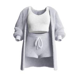 Shecozy Strickset 3-teilig, Damen Sexy Warm Fuzzy Fleece 3-teilige Outfits Pyjamas, Gemütliches Strickset 3-teilig (Gray,XL) von DomoNe