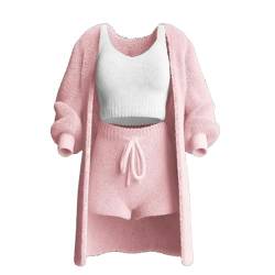 Shecozy Strickset 3-teilig, Damen Sexy Warm Fuzzy Fleece 3-teilige Outfits Pyjamas, Gemütliches Strickset 3-teilig (Pink,L) von DomoNe