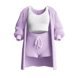 Shecozy Strickset 3-teilig, Damen Sexy Warm Fuzzy Fleece 3-teilige Outfits Pyjamas, Gemütliches Strickset 3-teilig (Purple,2XL) von DomoNe