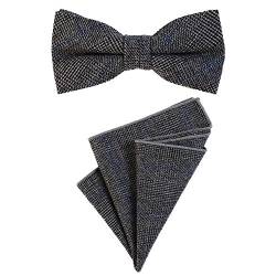 DonDon Herren Fliege 12 x 6 cm mit farblich passendem Einstecktuch 23 x 23 cm beides aus Baumwolle im Tweed Look blau-schwarz-grau kariert von DonDon