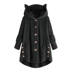 Damen Winter Mantel Langer Übergröße Thermo Plüschjacke Katzenohren Kapuze Knöpfe Plüsch Mantel Einfarbig Lässig Oversized Winterjacke Kapuzenjacke Casual Loose Übergangsjacke (Dunkelgrau, XXXL) von DonDown