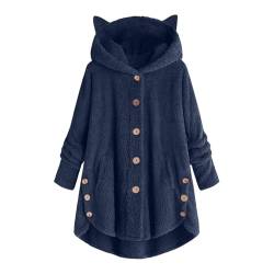 Damen Winter Mantel Langer Übergröße Thermo Plüschjacke Katzenohren Kapuze Knöpfe Plüsch Mantel Einfarbig Lässig Oversized Winterjacke Kapuzenjacke Casual Loose Übergangsjacke (Marine, XXXXXL) von DonDown