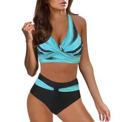 DonDown Bikini Damen Sets Zweiteiliger Badeanzug,Sexy V-Ausschnitt überkreuztes Push Up Bikini Oberteil + High Waist Bikini Hose,Vintage Bauchkontrolle Bikini Sets Swimsuit Bikini (Mintgrün, L) von DonDown