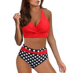 DonDown Bikini Damen Sets Zweiteiliger Badeanzug,Sexy V-Ausschnitt überkreuztes Push Up Bikini Oberteil + High Waist Bikini Hose,Vintage Bauchkontrolle Bikini Sets Swimsuit Bikini (Rot, XL) von DonDown