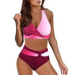 DonDown Bikini Damen Sets Zweiteiliger Badeanzug,Sexy V-Ausschnitt überkreuztes Push Up Bikini Oberteil + High Waist Bikini Hose,Vintage Bauchkontrolle Bikini Sets Swimsuit Bikini (Wein, XXL) von DonDown