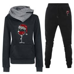 DonDown Trainingsanzug Damen Weihnachts-Weinglas Druck Kapuzenpulli Sporthosen Jogginganzug Lässig Oberteile Hosen 2er-Anzug Tracksuit Kapuzenpullover Jogginghose Sportanzug (07 Schwarz, M) von DonDown