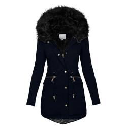 DonDown Winterjacke Damen Pelzkragen Kapuze Winterparka Winter Warmer Mantel Schmal Übergröße Fleece Gefüttertes Langmantel Outdoor Thermo Wintermantel Elegante Übergangsjacke (Dunkelblau, XL) von DonDown