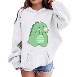 Kinder Kapuzenpullover Mädchen Kawaii Dinosaurier Sweatshirt Lässig Lockerer Sportshirt Frühling Trendy Pullover Streetwear Langarmshirt mit Taschen (Weiß, 8-10 Jahre) von DonDown