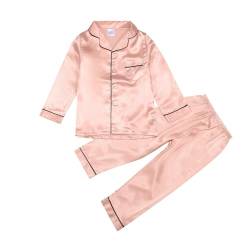 Kinder Satin Schlafanzug Set,Pyjama-Set für Mädchen Junge, Button Down Schlafshirt Oberteil Lange Hose Nachtwäsche Loungewear Kleidung 2-teilig,Nachthemden für 2-14 Jahren (Pink, 13-14 Jahre) von DonDown