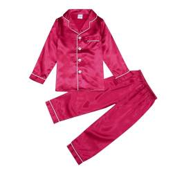 Kinder Satin Schlafanzug Set,Pyjama-Set für Mädchen Junge, Button Down Schlafshirt Oberteil Lange Hose Nachtwäsche Loungewear Kleidung 2-teilig,Nachthemden für 2-14 Jahren (Rot, 11-12 Jahre) von DonDown