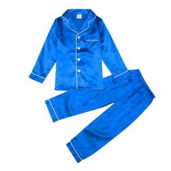 Kinder Satin Schlafanzug Set,Pyjama-Set für Mädchen Junge, Knopfleiste Schlafshirt Oberteil Lange Hose Nachtwäsche Loungewear Kleidung 2-teilig,Nachthemden für 2-14 Jahren (Z01 Blau, 11-12 Jahre) von DonDown