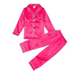 Kinder Satin Schlafanzug Set,Pyjama-Set für Mädchen Junge, Knopfleiste Schlafshirt Oberteil Lange Hose Nachtwäsche Loungewear Kleidung 2-teilig,Nachthemden für 2-14 Jahren (Z01 Hot Pink, 11-12 Jahre) von DonDown
