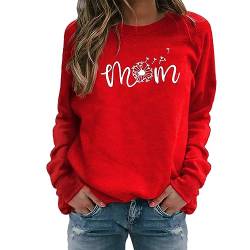 Weihnachtspullover Sweatshirt Damen ohne Kapuze Mode MOM Buchstabendruck Langarmshirt Herbst Winter Warm Sportshirt Vintage Rundhals Pullover Casual Pulli Oberteile Streetwear (01 Rot, L) von DonDown