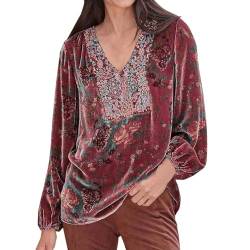 Oversize Shirt Damen, Elegant Samt Rote Longshirt Top Langarm Velvet Weinrot Tunika Oberteile Velvet Shirt Knöpfen V-Ausschnitt Party Langarmshirt Samt Bluse von DondPO