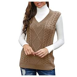 Strickpulli Damen, Winter Warm Ärmellos Pullover Vest Strickpulli Weste Herbst Frauen Beige Sweater Vest Pullunder Strickweste Baumwolle V Ausschnitt Pullover Strickpullunder von DondPO