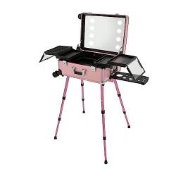 Donened - 3 in 1 Friseurkoffer Schminktisch, Kosmetikkoffer Trolley mit Rädern und LED Leuchten, Professioneller Großer Schminkkoffer mit Abschließbarer Aluminium, Rosa, Multifunktionskoffer von Donened