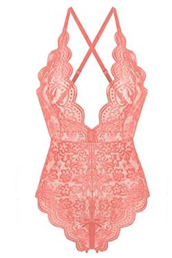 Donnalla Damen Einteiler Teddy Plunging Spitze Bodysuit Elegant Flitterwochen Dessous - Pink - Mittel von Donnalla
