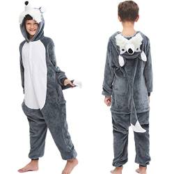 Donpeer Grauer Wolf Jumpsuit Onesie Tier Kostüm,Fasching Karneval Halloween Kostüm,Kinder Mädchen Junge Sleepsuit Overall Pyjama,Unisex Lounge Cosplay Schlafanzug 140(130~140cm) -A145 von Donpeer