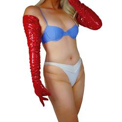 DooWay Damen-Handschuhe, gerüscht, lang, Leder, schmal, 100 cm, Kunstleder, super lang, Halloween-Kostüm, Opernhandschuhe, Glänzendes Rot, 38 von DooWay