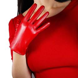 DooWay Damen Kurz Leder Handschuhe Handgelenk Länge Hot Rot 21cm Ungefüttert Vollfinger Kleid Handschuhe für Hochzeit Abend Party, Rot 21 cm, 85 von DooWay