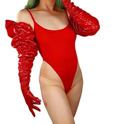 DooWay Damen Lederhandschuhe gerafft lose Ärmel übergroße Faux Patent PU Kostüm Cosplay Unisex Glänzend Rot 100cm von DooWay