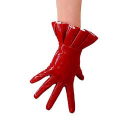 DooWay Damen Sexy Kurze Lederhandschuhe Glänzend Rot Rüschen Trim Faux Patent PU Kostüme Kleid Fancy Gloves von DooWay