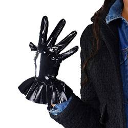 DooWay Lange Lederhandschuhe für Damen, Kunstleder, PU-Wetlook, sexy Kostüm, glänzend, Schwarz, 13 cm-100 cm, Rüschenmanschette, glänzend, 25 cm, Schwarz, 38 von DooWay