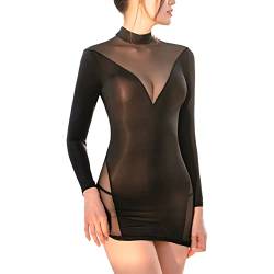 Doomiva Damen Kleid Bodycon Kurz Kleider Transparent Minikleid Langarm Freizeitkeid Partykleid Figurbetontes Kleid mit G-String Clubwear A Schwarz Einheitsgröße von Doomiva