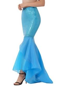 Doomiva Damen Meerjungfrauenflosse Rock Elegant Cosplay Meerjungfrau Kostüm Halloween Karneval Faschingskostüm Rock Bühnenkostüm Maxirock H Blau XL von Doomiva