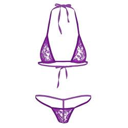 Doomiva Damen Micro Bikini Set Bra Bralette String-Tanga Set Mini Bikini Dreipunkt-Bikini Badeanzug Metallic Reizwäsche Ya Violett Spitze Einheitsgröße von Doomiva