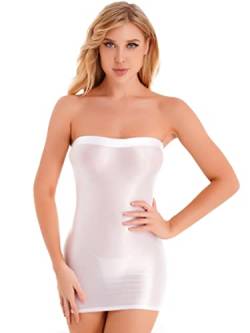 Doomiva Damen Minikleid Öl Kleider Bandeau Bleistiftkleid Bodycon Kleid Glänzende Kleider Stretch Eng Partykleid Kurz Weiß L von Doomiva