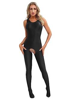 Doomiva Damen Öl Body Einteiler Bodysuit Ärmellose Ganzanzug Glanzende Catsuit Jumpsuit Overall Offenen Bodystoking Dessous Schwarz XL von Doomiva