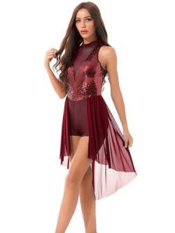 Doomiva Damen Tanzkleid Ärmellos Tanzanzug Mesh Ballettkleid Glitzer Ballett Trikotanzug mit Asymmetrisch Rock Latein Kleid Tanzkleidung Burgund L von Doomiva