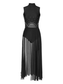 Doomiva Damen Tanzkleid Ärmellos Tanzanzug Mesh Ballettkleid Glitzer Ballett Trikotanzug mit Asymmetrisch Rock Latein Kleid Tanzkleidung Xa Schwarz XL von Doomiva