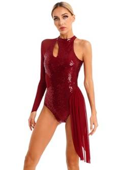 Doomiva Damen Tanzkleid Ärmellos Tanzanzug Mesh Ballettkleid Glitzer Ballett Trikotanzug mit Asymmetrisch Rock Latein Kleid Tanzkleidung Ya Burgundy XL von Doomiva