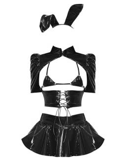 Doomiva Damen Wetlook Dessous Set mit Haarband Lackleder Crop Top Bauchfrei Shirts Bodycon Minirock Nachtwäsche Schwarz A XL von Doomiva