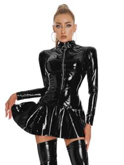 Doomiva Damen Wetlook Kleid Lackleder Kleid Sexy Partykleid Leder Optik Minikleid A Linie Kleider Gläzende Kleid Plisseekleid Xa Schwarz Langarm L von Doomiva