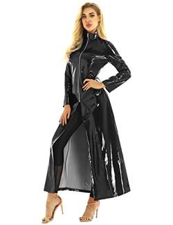 Doomiva Damen Wetlook Lang Kleid Ledermantel mit Reißverschluss Unisex PVC-Leder Übergangsjacke Partykleid Halloween Fasching Kostüm A Schwarz XXL von Doomiva