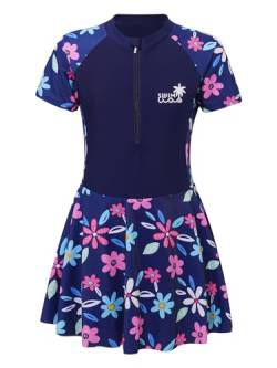 Doomiva Mädchen Badeanzug mit Rock Hawaii Badekleid Kinder Kurzarm Strandkleid Wassersport Badekleidung Set X Marineblau Einteiler 110-116 von Doomiva