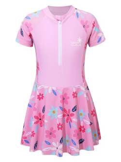 Doomiva Mädchen Badeanzug mit Rock Hawaii Badekleid Kinder Kurzarm Strandkleid Wassersport Badekleidung Set X Rosa Einteiler 134-140 von Doomiva