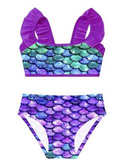 Doomiva Mädchen Bikini Set Meerjungfrau Bikini Tankini Zweiteiler Badeanzug Fischschuppenoberteil mit Rüschen Bikinihosen Violett 134-140 von Doomiva