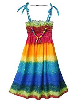 Doomiva Mädchen Boho Kleider Bluemendruck Sommerkleider Ärmellose Strandkleid mit Halskette Spaghettiträger Freizeitkleid Regenbogenfarbe 140-152 von Doomiva